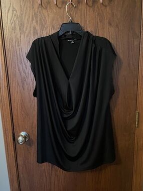 Zac & Rachel Black Draped Cowl Neck Cap-Sleeve Blouse